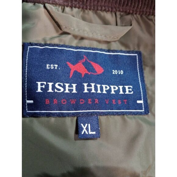 Fish Hippie Puffer Vest Mens Extra Large‎ Green Fleece Lined Corduroy Trim - Picture 6 of 8